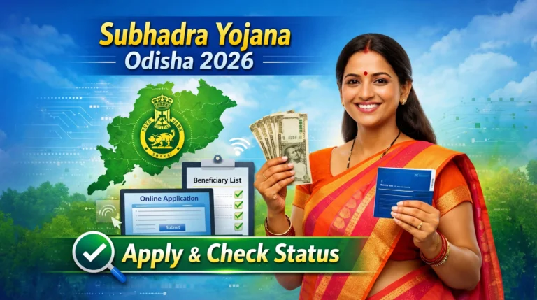 Subhadra Yojana Odisha: Woman holding money and bank passbook, Odisha map, online application and beneficiary list icons